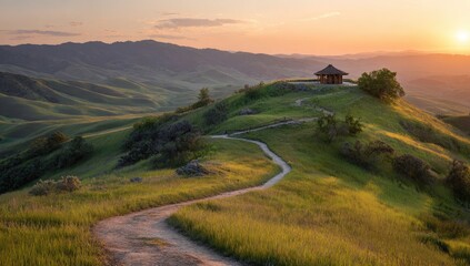 Winding path leads to a secluded gazebo atop a sun-drenched hill,  with rolling hills and distant mountains