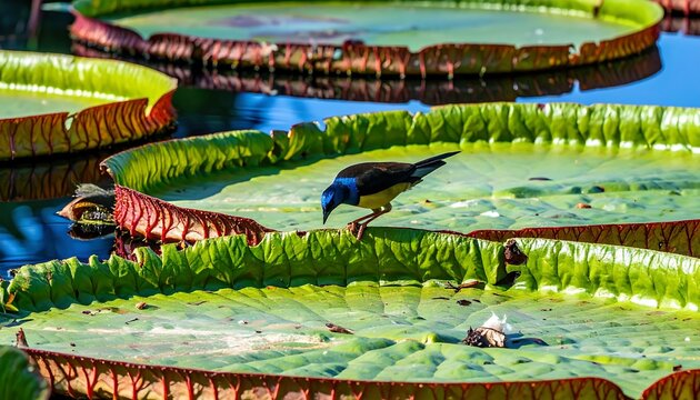 Vibrant bird on giant water lily pads (1)