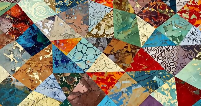Colorful geometric mosaic pattern featuring various textures and vibrant hues in an artistic arrangement
