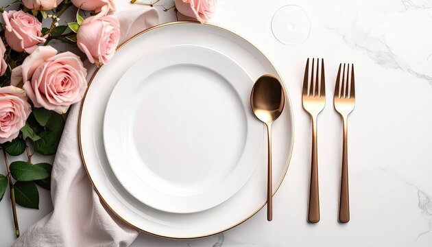 Elegant table setting with roses, plates, and golden flatware - Powered by Adobe
