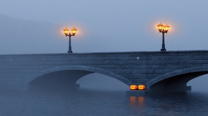 Misty Evening Bridge with Lanterns and Carved Pumpkins in Tranquil Water Scene