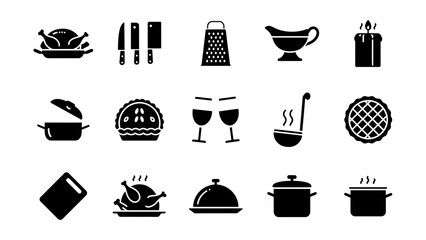 Collection of kitchenware and holiday food icons in a simple silhouette style