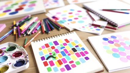 Creative Workspace with Colorful Drawings and Art Supplies.