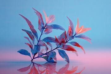 Plant with vibrant pink/blue lighting on reflective surface, creates a surreal, dreamy aesthetic