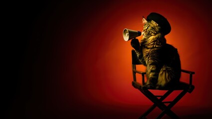 Fluffy Tabby Cat Wearing Director's Hat With Megaphone On Film Set Scene