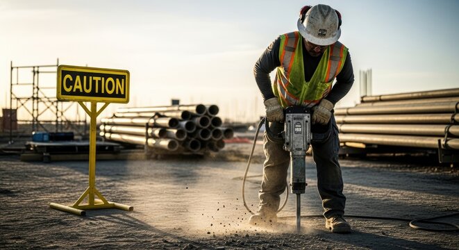 A construction worker wearing a hard hat and safety vest, using a jackhammer to break up concrete on a construction site.