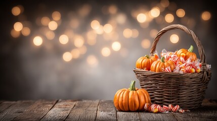 Cozy Autumn Basket with Pumpkins and Candy on Rustic Wooden Table Surrounded by Soft Bokeh Lights for Fall Celebration