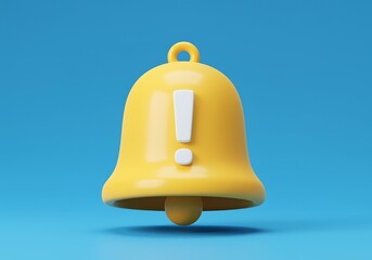 Yellow notification bell with exclamation mark icon representing alerts and important information messages on a blue background