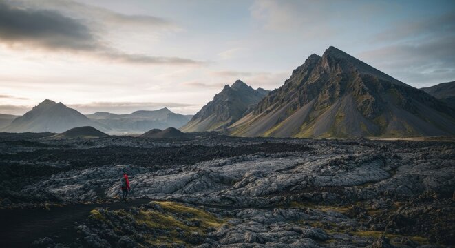 Vast volcanic landscape at dawn. Person hiking - Powered by Adobe