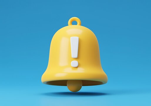 Yellow notification bell with exclamation mark icon representing alerts and important information messages on a blue background