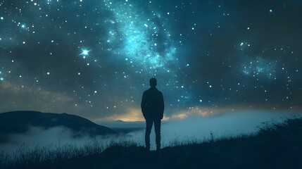 Fototapeta premium A lone figure stands on a mountain top, gazing up at a breathtaking night sky filled with stars and a hazy galaxy above.
