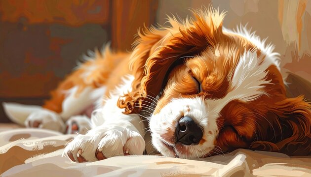 Adorable Brown and White Dog Sleeping Peacefully on Beige Blanket in Sunlight with Furry Texture and Relaxed Expression in Warm Indoor Setting