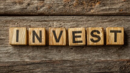 Wooden letter tiles spelling invest on a rustic wood background, representing finance and growth.
