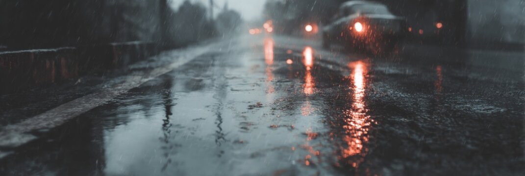 Rain-soaked Road Reflecting Car Lights During a Gloomy Evening