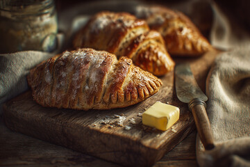Karjalanpiirakka rustic traditional setting - hyperrealistic view showing authentic Finnish pastries in countryside environment with wooden elements and genuine cultural heritage atmosphere.