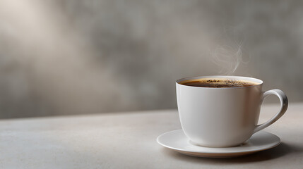 Aroma of Fresh Coffee in White Ceramic Cup with Steam on Speckled Surface