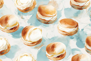 Karjalanpiirakka watercolor illustration capturing traditional Finnish pastries with characteristic shape and filling in artistic style, showing cultural food heritage with soft color blends.
