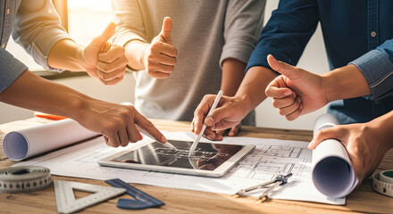 Engineers working on a project using a tablet and blueprints.