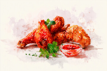 Korean fried chicken watercolor illustration showing crispy golden chicken with glossy sauce coating in artistic style, capturing popular Asian street food with vibrant colors and texture.