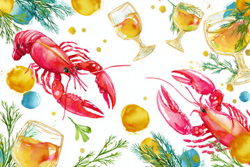 Kräftskiva - Swedish crayfish festival watercolor illustration showing vibrant party scene with crayfish, aquavit, singing and traditional decorations in playful artistic style.