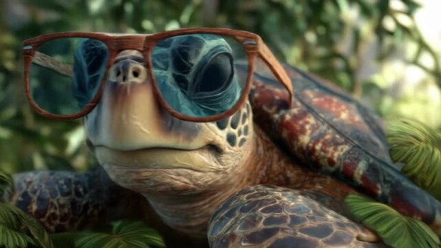 A cool sea turtle wearing stylish wooden-framed sunglasses rests amidst lush green foliage, looking relaxed