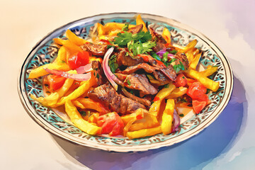Lomo Saltado artistic watercolor painting capturing the vibrant colors and textures of this Peruvian beef stir-fry, with soft blends showing beef, vegetables and golden fries in artistic style.