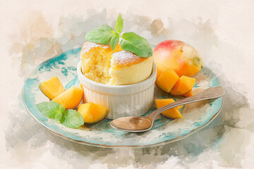 Mango soufflé artistic watercolor painting showing delicate texture and vibrant mango colors, capturing the light and airy nature of this French tropical dessert in soft brush strokes.