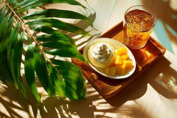 Mango soufflé in cozy home baking setting - hyperrealistic view of freshly baked dessert 