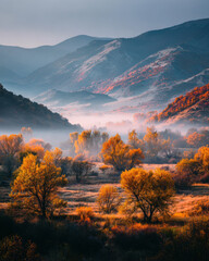 Fototapeta premium Abstract autumn background with soft fog and warm colors featuring pale neutral center