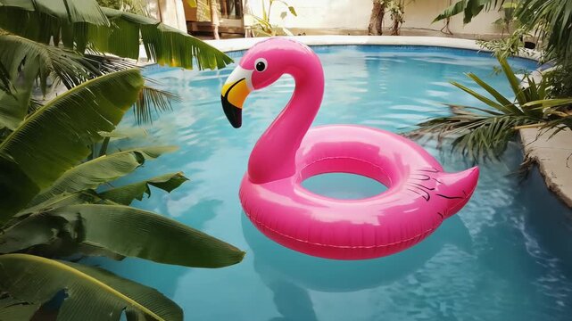 A flamingo themed pool surrounded by tropical foliage, sunny daylight, relaxing atmosphere, contrasting colors