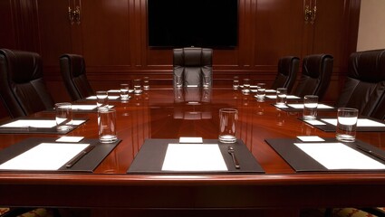 Elegant boardroom setting with a large wooden table and chairs.