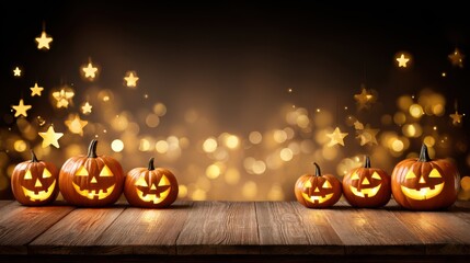 Glowing Halloween Pumpkins with Spooky Faces Surrounded by Soft Golden Lights and Stars on a Wooden Surface