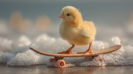 Fluffy yellow chick riding a skateboard on gentle waves in shallow water