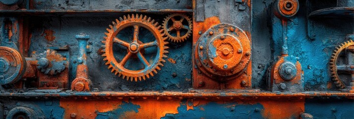 Detailed close-up of rusted, vibrant gears and machinery
