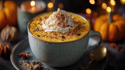 Cozy Cup of Pumpkin Spice Beverage with Whipped Cream and Spices Surrounded by Autumn Decorations and Warm Candlelight