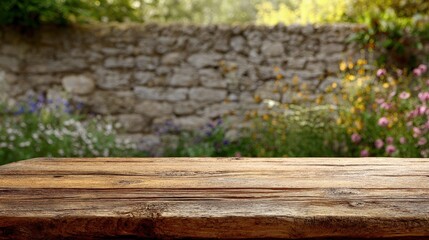 Rustic Wooden Tabletop In Garden Setting