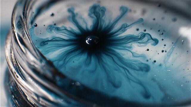 Deep blue water drop splash slow motion abstract motion macro liquid ripple pattern forms flower shape with bubbles droplet crown closeup high speed