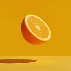 A half-sliced orange floats against a yellow background, casting a shadow on a surface