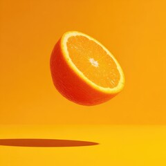 A halved orange floats in mid-air against a vibrant, monochromatic yellow background