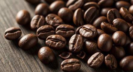 Naklejka premium Closeup of roasted coffee beans on a wooden surface, highlighting the rich texture and inviting aroma of freshly brewed coffee