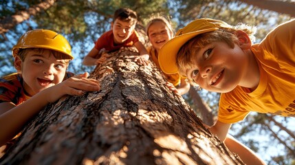 Children playing together in nature outdoor adventure fun moments sunny forest engaging group activity