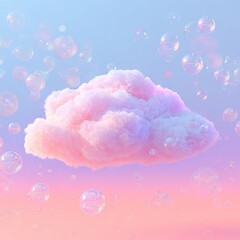 A fluffy pink cloud floats among ethereal, translucent bubbles against a pastel gradient background