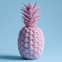 A pink pineapple stands upright against a pastel blue background, brightly lit, and crisp