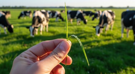 hand holding a dewy blade of grass with grazing cows in the background. A symbol of natural, organic farming and grass-fed dairy.