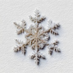 Delicate, close-up view of a six-pointed snowflake on a textured white surface