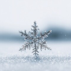 A close-up of a single, intricate snowflake resting on a bed of snow, soft focus background