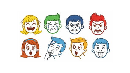Illustration showing eight cartoon faces with different expressions and colorful hair styles in a row