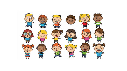 Illustration of a diverse group of cartoon children expressing various emotions and wearing different outfits