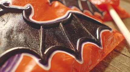 Close-Up of Colorful Halloween Candy with Bat Design on Background of Crinkled Orange Wrapper and Natural Wooden Surface