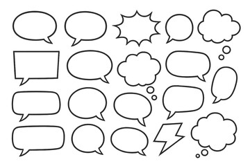 Big set of speech bubbles. Retro empty comic bubbles and thought clouds. Vector illustration of hand-drawn doodle chat and dialog balloons for pop art communication.